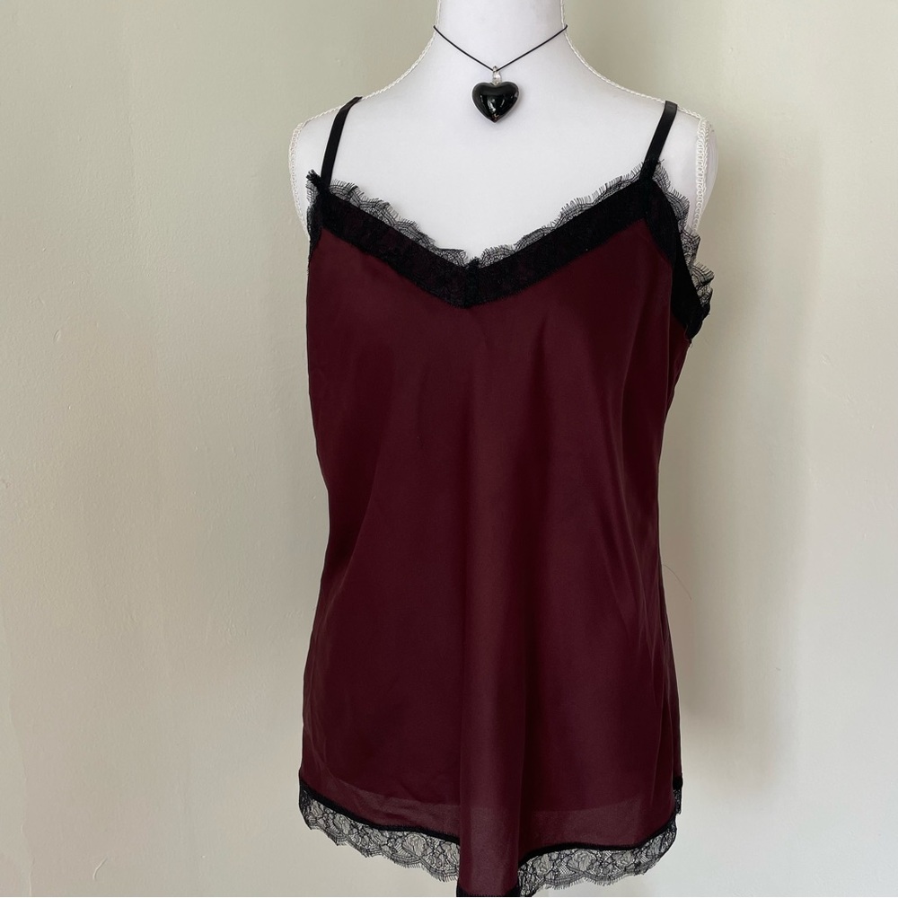 Ann Taylor Burgundy Black Lace Trim Satin Camisole Top • 90s Goth Slip Tank M